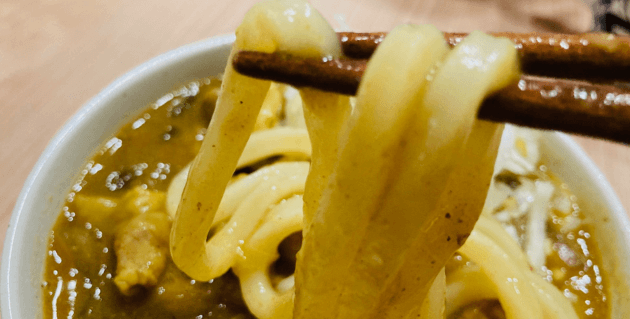 残りのもつ鍋で作ったカレーうどんの箸上げ