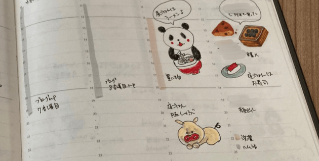手帳に書いたラーメンを食べるパンダの絵